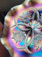 Pretty Dugan Purple Carnival Glass Four Flowers Two Sides Up Banana Bowl