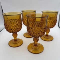 Vintage Indiana Amber Glass Goblets Diamond Point Set of 4