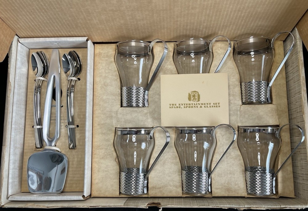 Vintage Federal Glass tumblers Chrome handle 8 Oz Ice Cream Spade Spoons NOS