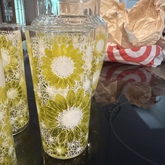 Vintage Hazel Atlas Anchor Yellow and white Sunflower Daisy Pitcher & 3 Glasses