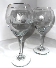 2 Vintage wine glasses, Lynn’s China Winter Snow Trees Gold Rim 7 3/4” Tall