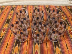 Vintage Libbey Drinking Glasses. Blue, Green and White Tile / Gold Trim. 4 5/8”