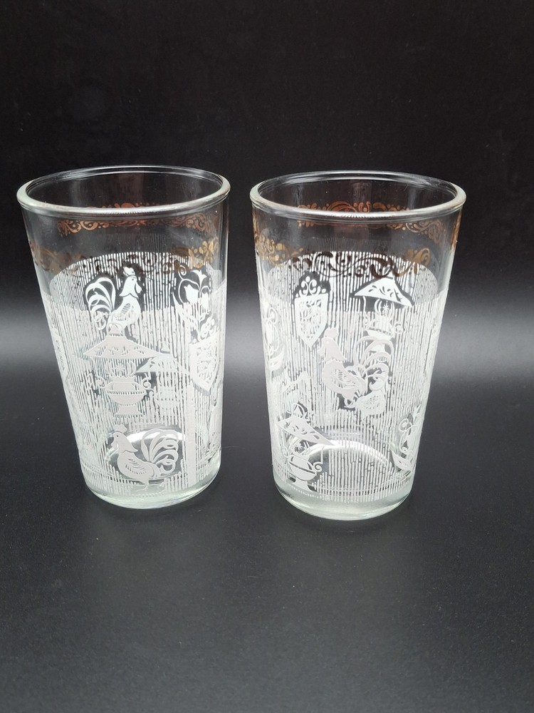 2 Mid Century Continental Can Co. Gold Trim White Rooster Eagle Juice Glasses
