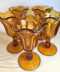 Vintage Amber Glass Dessert Cups Set 5 Pedestal Ruffled Edge Sundae Parfait