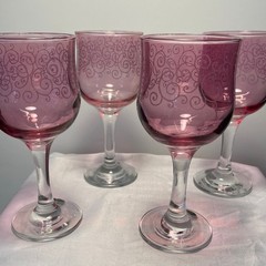 Cristalleria Fratelli Fumo Italy Pink Wine Glasses Etched Scrolls Set of 4