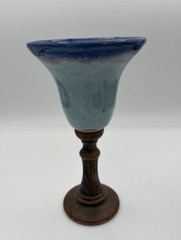 Vintage Blue Drip Glaze Wooden Stem Abstract Retro Art Pottery Goblet 8”