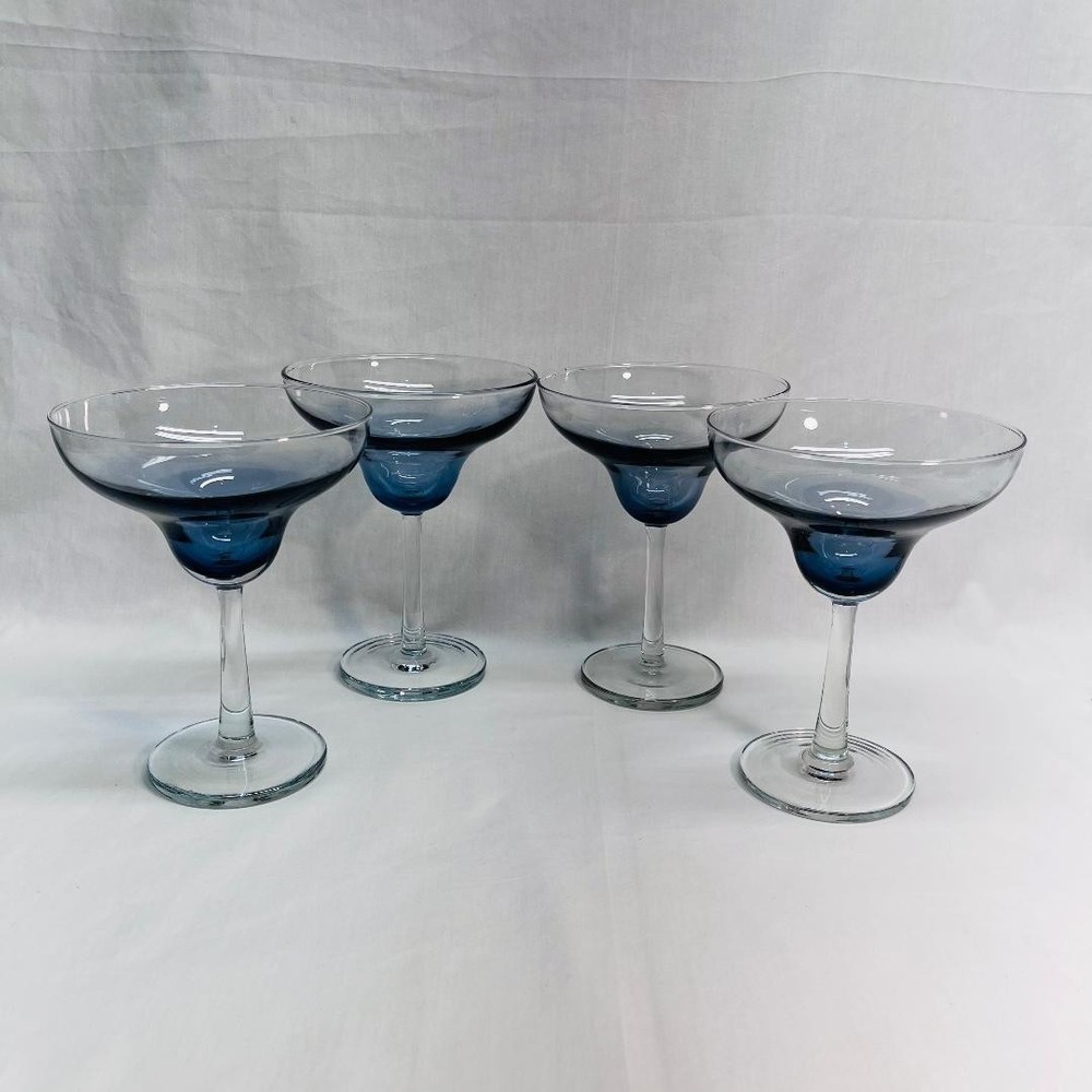VTG 4 Blue Tint Crystal Margarita Stem Glasses 3″Dep 3.5″Basex5″Diax6.5″H *READ*
