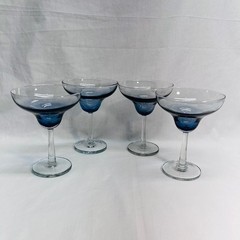 VTG 4 Blue Tint Crystal Margarita Stem Glasses 3″Dep 3.5″Basex5″Diax6.5″H *READ*