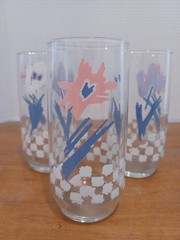 Vintage Anchor Hocking Glasses Tumblers Pastel Flowers Check Set Of 3 USA 1989