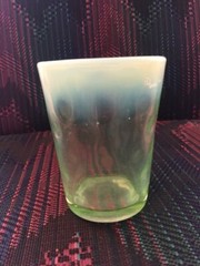 Opalescent Vaseline Glass Polka Dot Tumbler 1880s victorian 3-7/8″ tall Vintage