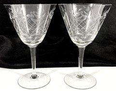 4 Vtg Etch Criss Cross Hatch Dots Leaf Gray Cut Wine Goblets 9oz 6 5/8″ Set RARE