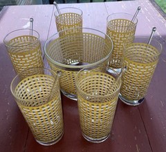 Retro Javit Crystal Golden Lattice Pattern 6-Tumbler Set W/Bowl Glass Stirrers
