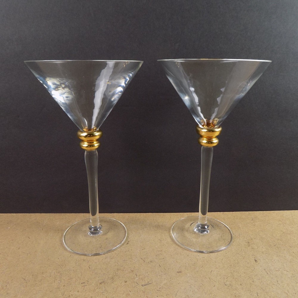 2 Stephen Smyers Martini Glasses Signed Gold Knob Stem 8″ Tall VGC
