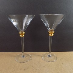 2 Stephen Smyers Martini Glasses Signed Gold Knob Stem 8″ Tall VGC