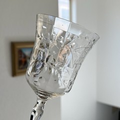 Vintage 1950s Etched Cut Crystal Wine Glasses Floral Lattice Handblown Set of 5