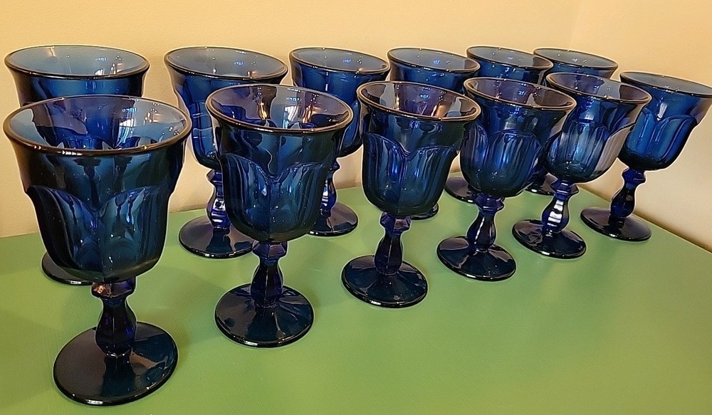 Imperial Old Williamsburg Deep Blue Water Goblets 6 1/2″ Set Of 12 Vintage