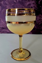 3 Czech Bohemian Clear Glass Bowl Gold & Frosted Ring Amber Stem &Base Gold Trim