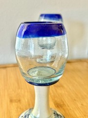 Vintage Early Century Hand Blown Glass Goblets With Talavera Pottery Hand Painte