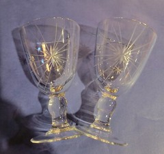 2 Atomic Starburst Etched 3.25″ Crystal Liqueur Glasses 1960s Vtg Barware