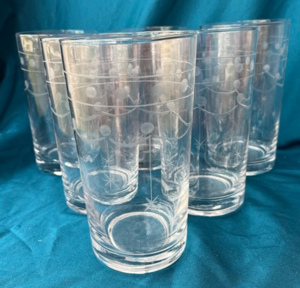 MCM CLEAR ETCHED STARBURST, DOT & SCALLOPS ~ 6″ TUMBLER GLASS SET OF 6