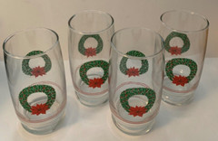 Libbey for JC Penney Boxed Set of Four 5 1/8” Christmas Wreath Glasses 1983