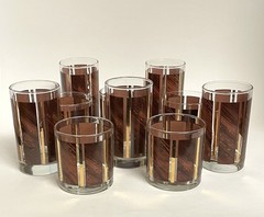10 ct Vintage Libbey Wood Grain Gold Stripe Tumblers & Old Fashion Rocks Glasses
