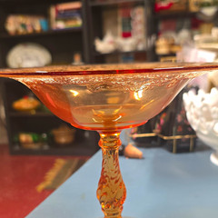 Fostoria Amber Glass Etched Floral Pattern Round Stemmed Compote