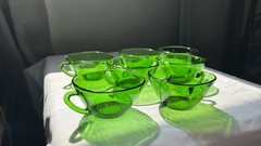 Vereco France Green Glass Cups Set Seven-Piece Round Glossy Printed Backstamp