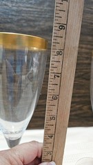 Vintage Gold Rim Champagne Flutes Trumpet V Shape Pulled Stem Glasses Set 2
