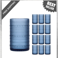 Large 15oz Blue Hobnail Drinking Glass Set of 12, Vintage Glassware, Embossed