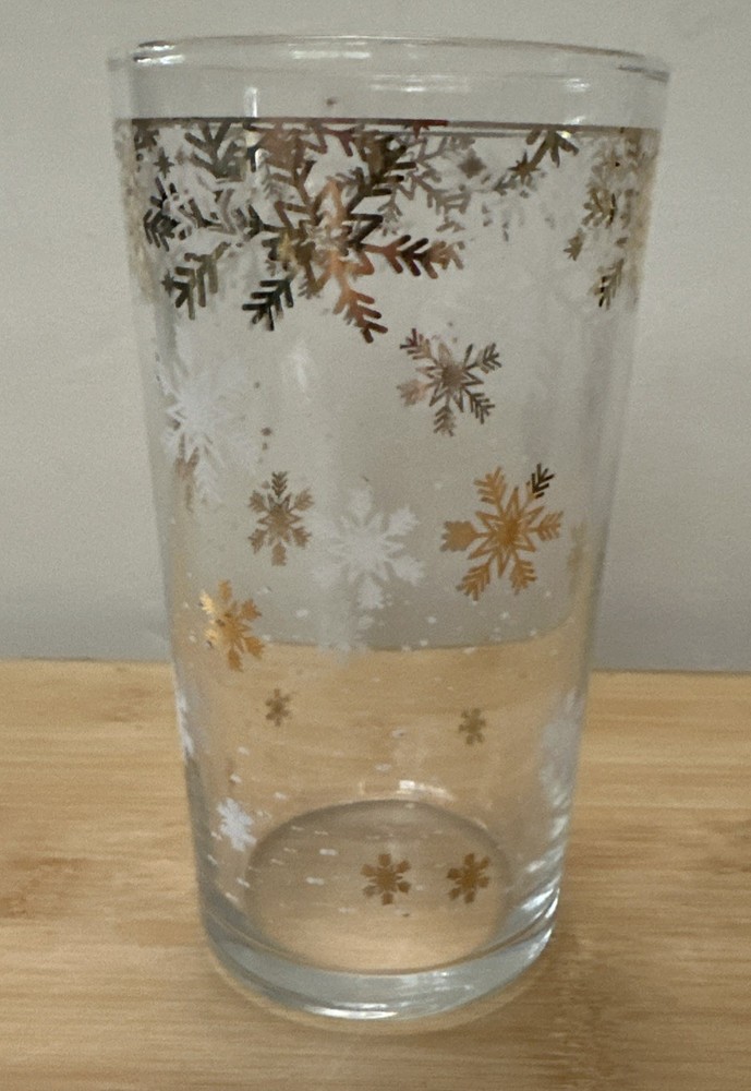 Mid-Century Style Gold and White Snowflake Highball Glass Tumbler, 6.25 Inches