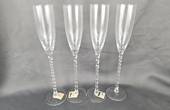 4 Crystal Champagne 12″ Flutes Romania Etched Graduated Circles Twisted Stem