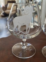 Set 2 SIGNED COYLE ETCHED CRYSTAL BIG HORNED SHEEP RAM Brandy Snifter GLASSES