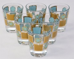 6 Pcs Vtg Culver Carnival MCM Turquoise And 22k Gold Medallions Shot Glasses