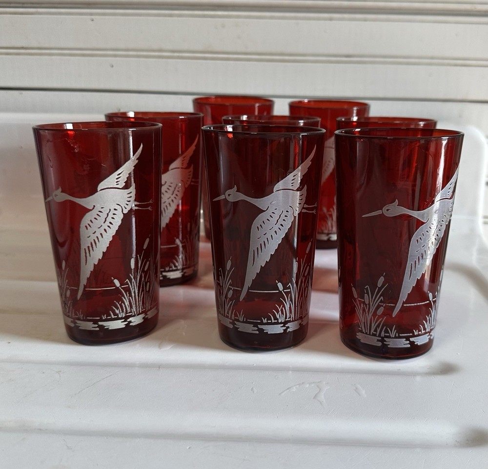 Vintage Royal Ruby Red Glass Tumblers With Birds & Catty Nine Tails Set Of 8