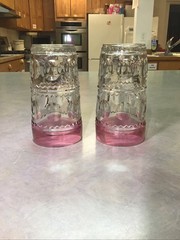 2 VTG KINGS CROWN Light Pink THUMBPRINT 5 1/2″ TALL ICE TEA INDIANA GLASSES