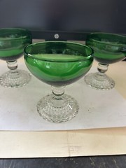 3 VINTAGE HOCKING GREEN CLEAR STEM BUBBLE FOOT CHAMPAGNE SHERBERT GOBLET GLASS