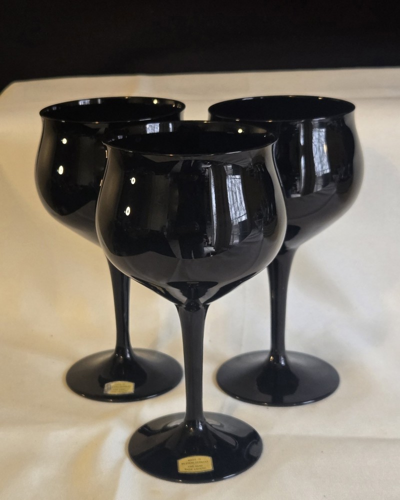 3 VTG MCM OPAQUE BLACK AMETHYST CRYSTAL WEST GERMANY WINE WATER GLASSES GOBLETS