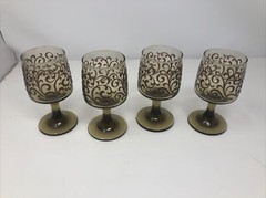Set Of 4 Vintage Libbey 5 1/4″ Wine Glass Tawny Brown Embossed Scrollwork