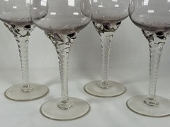 4 Vintage Bohemia Czech Amethyst & Clear Glasses Swirl Stem Star Goblet Cordial