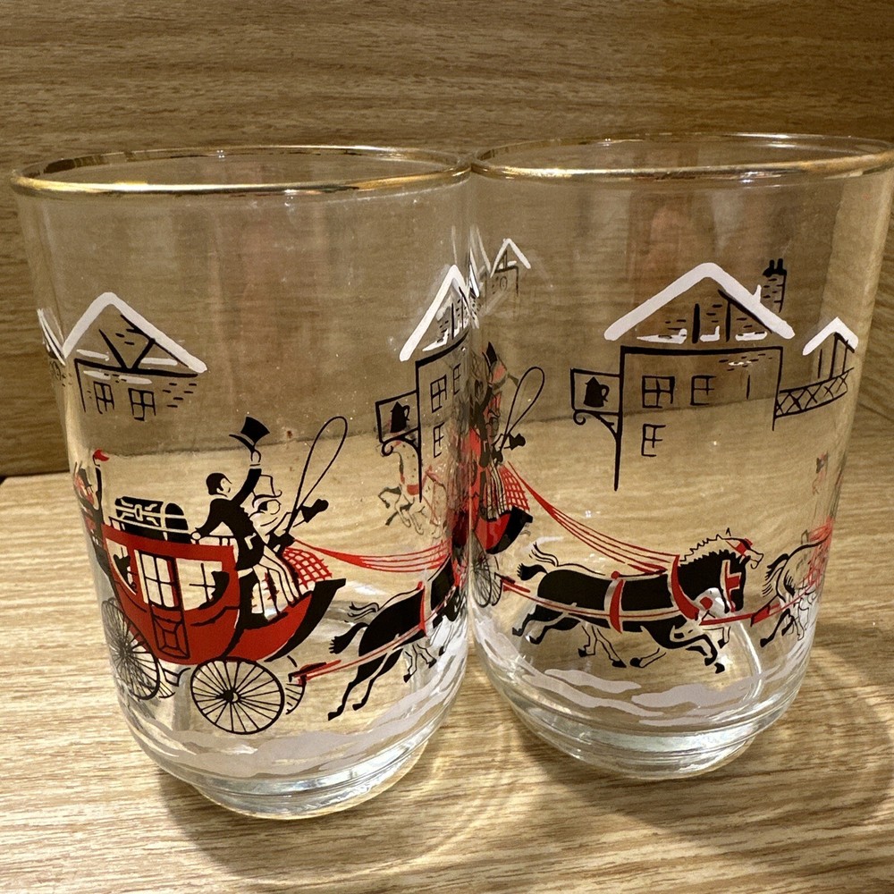 2 Vintage Libbey Coach Carriage Horse Gold Trimmed Glass drinking Cups 5 1/4”H