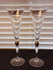 Set Of Two Godiva Year 2000 10-3/8″ H Crystal Champagne Flute Glass w/Gold Trim