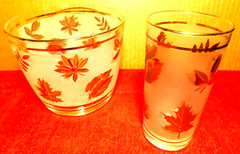 Libbey Highball~Frosted Maple Leaves Glass Ice Bucket & Matching Water Glass