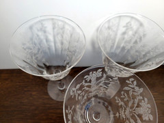 Morgantown Lace Bouquet Clear Stemmed Water Glasses Etched Floral Roses Set 0f 3