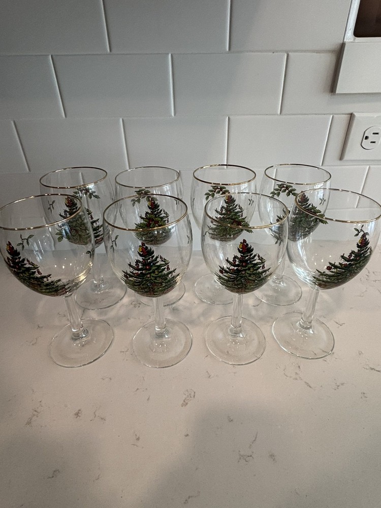 Spode Christmas Tree Wine Glasses 22K Gold Rim Set of 8 EUC