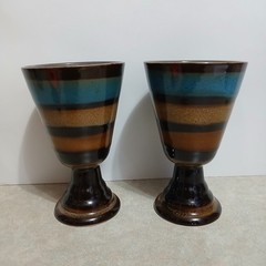 Garden Terrace Set of 2 Ceramic Multicolor Striped Wine Goblet Water Cup