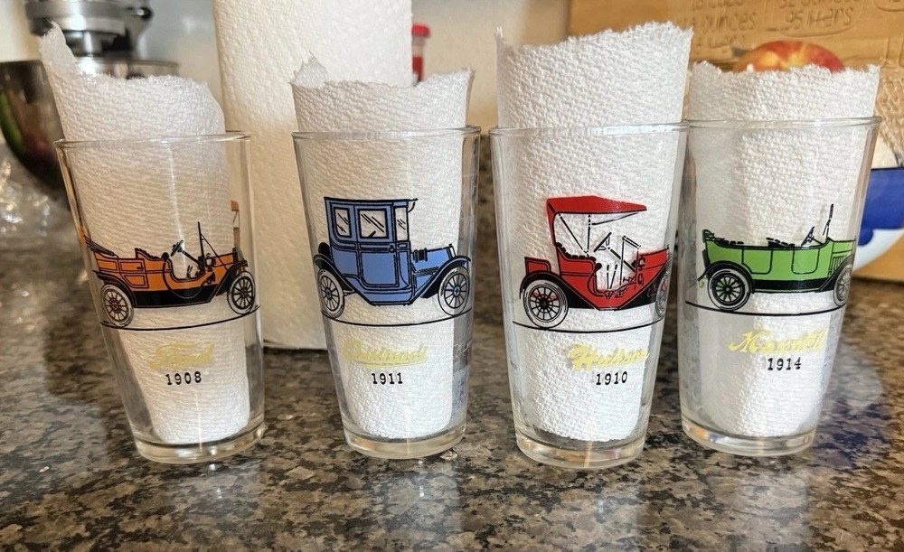 Vintage Hazel Atlas Classic Cars Glasses Set Of 4 Barware Drink Glass