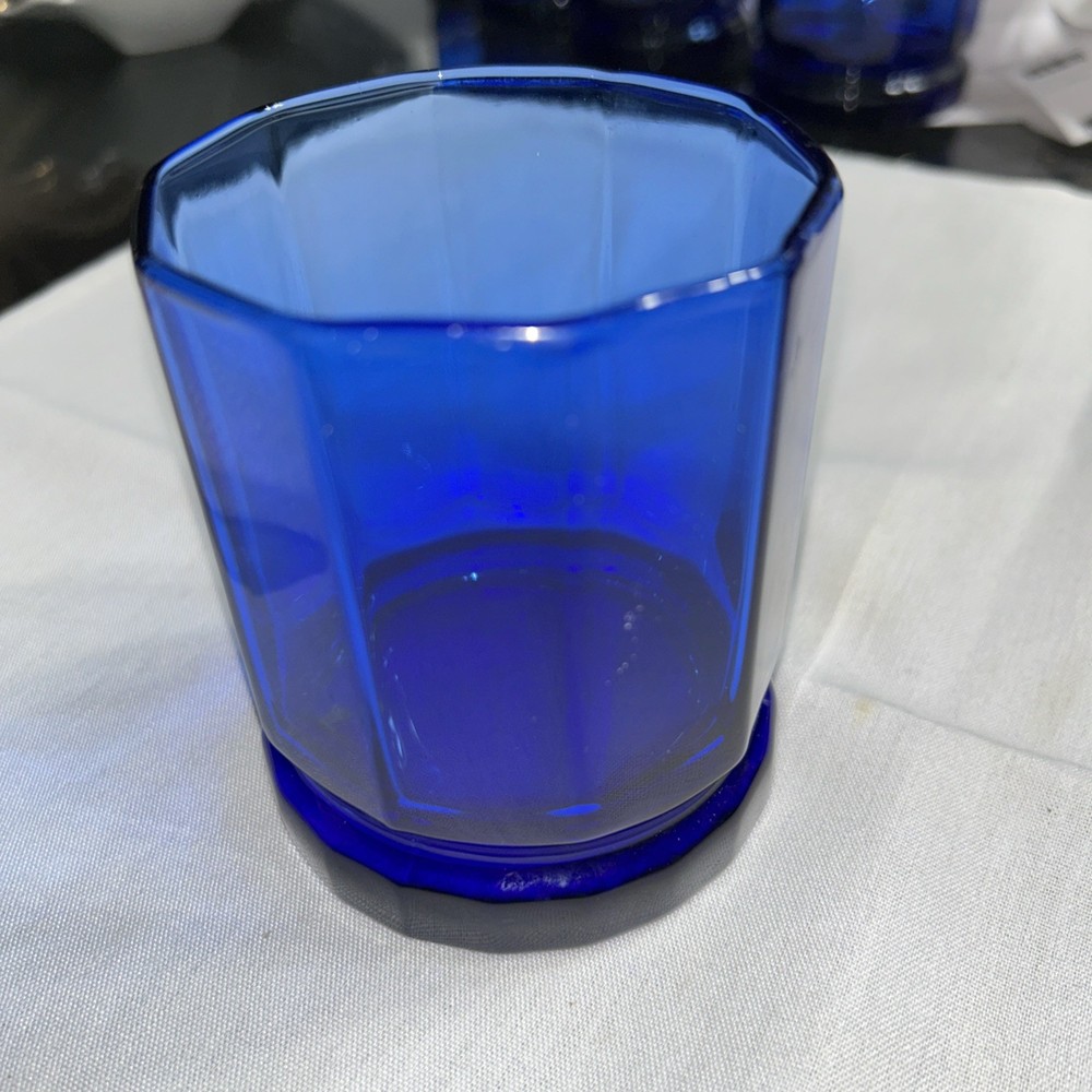 Anchor Hocking Essex 10-sidded cobalt blue lowball barware glass 3”x3 3/4”