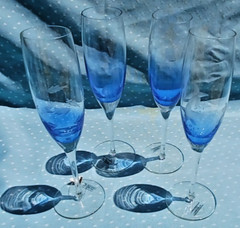 Rare Romanian Crystal Blue Drop Aquatic Etched Champagne Flutes 10″ Rare