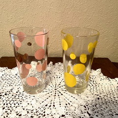 2 Vintage YELLOW & PINK & GOLD Polka Dot 5.25″ Glasses Tea Highball Bar Kitchen